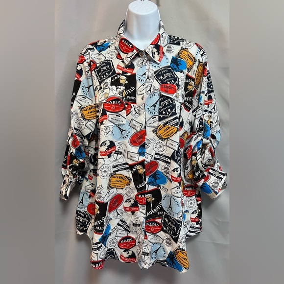 Karl Lagerfeld Tops - Karl Lagerfeld Paris Chiffon Womens Sz Large Blouse Logo Graffiti‎ Bright Colors